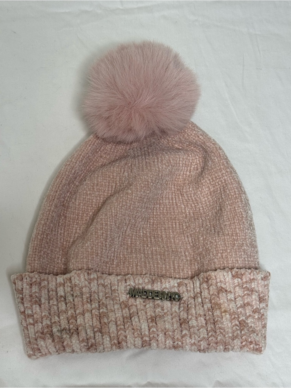Madden NYC Pink Chenille Knit Faux Fur Pom Pom Beanie One Size